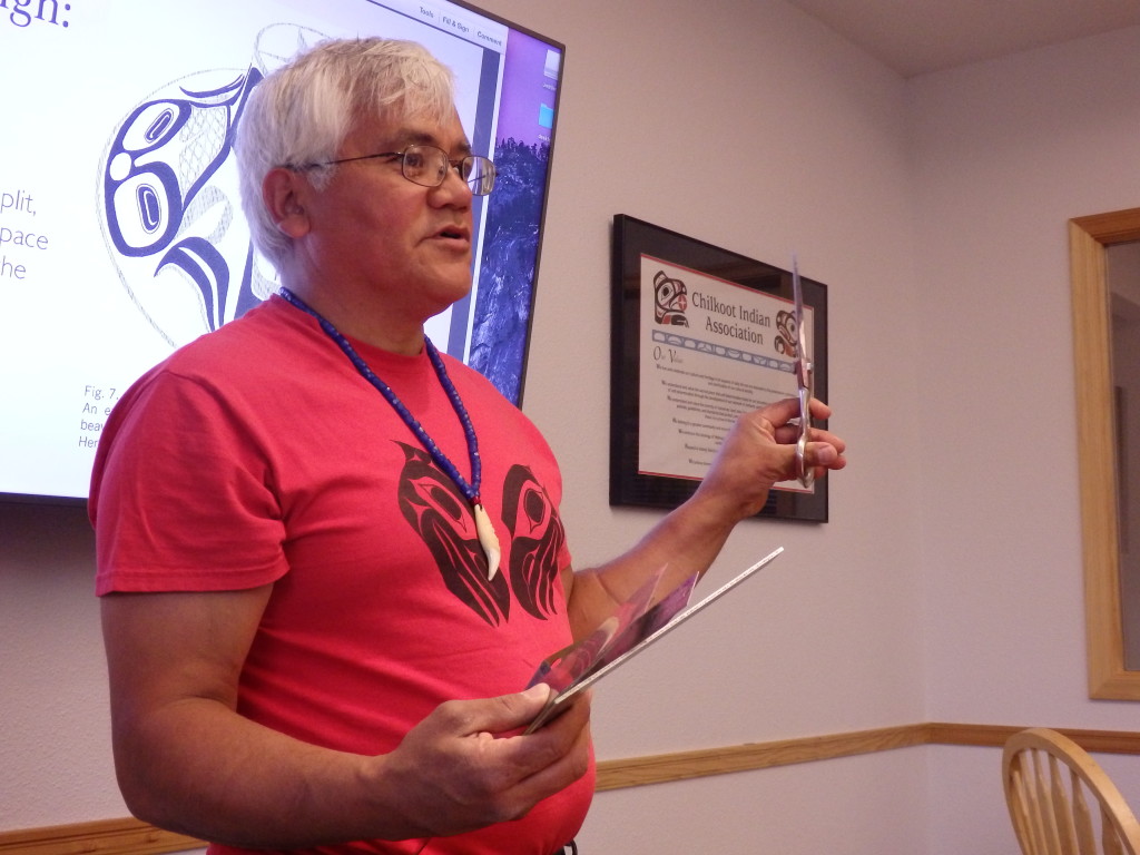 Tlingit artist Wayne Price teaches a formline design class sponsored by SHI in Haines. (Emily Files)