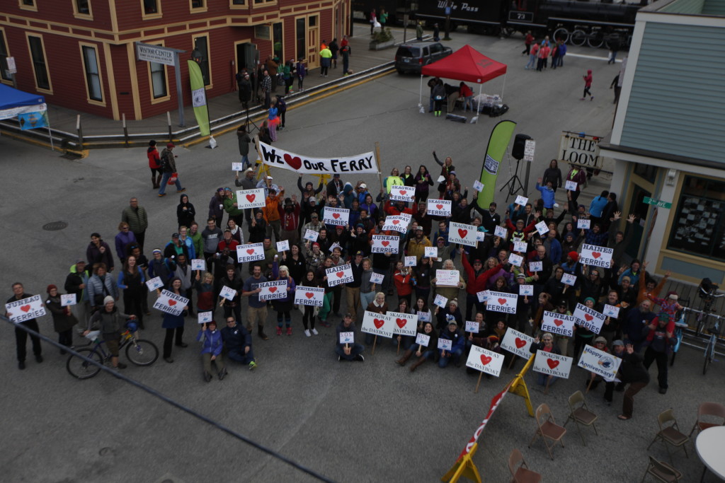 Ferry supporters gathered in Skagway on Friday for the S.O.S. rally (Elise Giordano/ Skagway News)