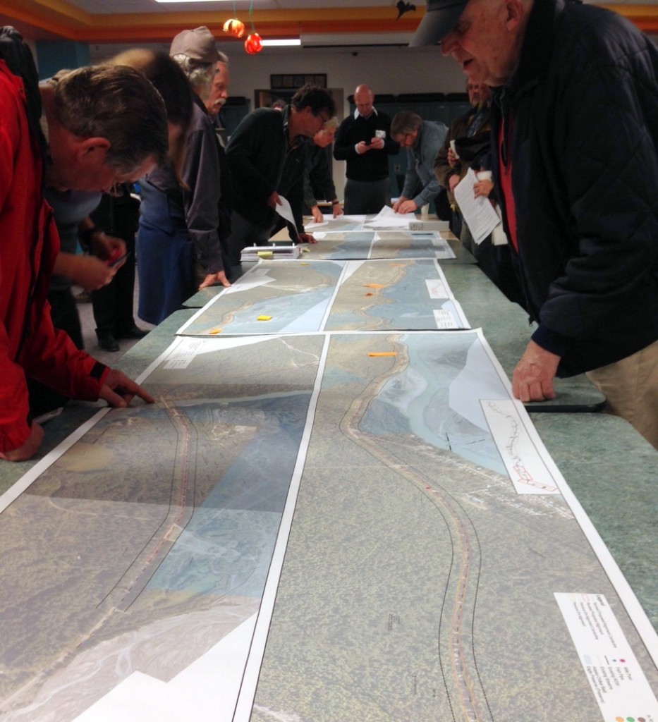 Haines residents look at a map of the Haines Highway at a workshop Wednesday evening. (Jillian Rogers)