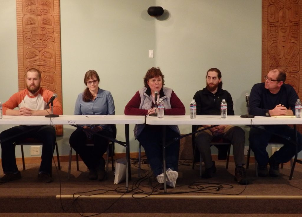Assembly candidates Andrew Gray, Brenda Josephson, Diana Lapham, Sean Maidy and Michael Fullerton at the KHNS and Chilkat Valley News candidate forum Sept. 18. (Abbey Collins)
